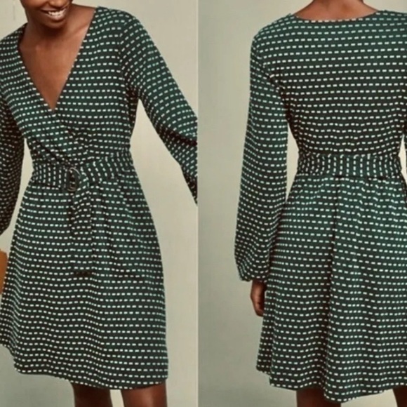 NEW Maeve from Anthropologie Malta Green and White Faux Wrap Belted Dress Sz XS - Picture 3 of 8